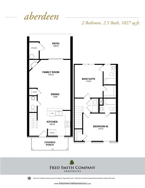 Floor plan for 2 beds, 2.5 baths, 1027 sqft